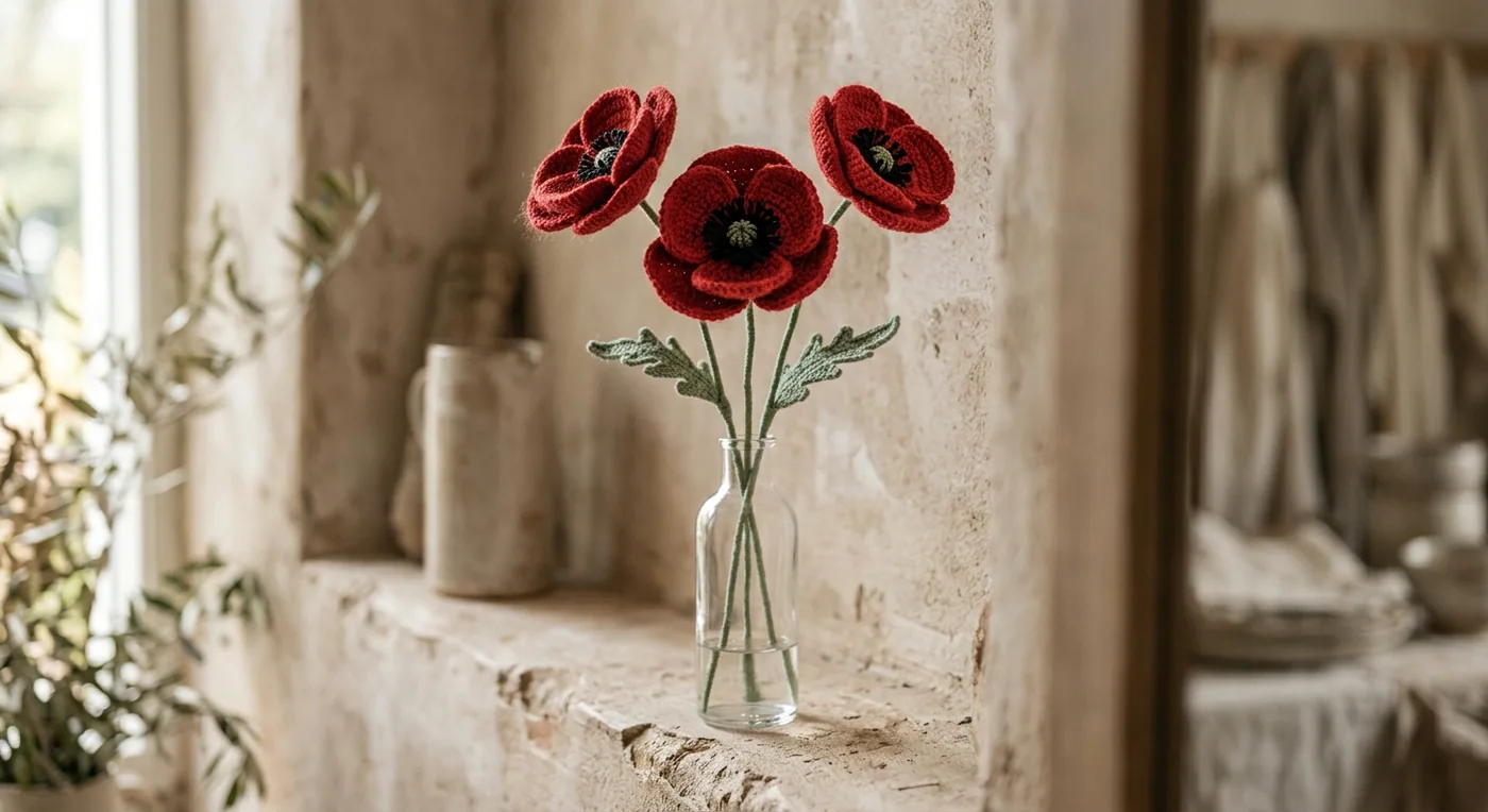 Poppy Field Trio — handmade crochet flowers