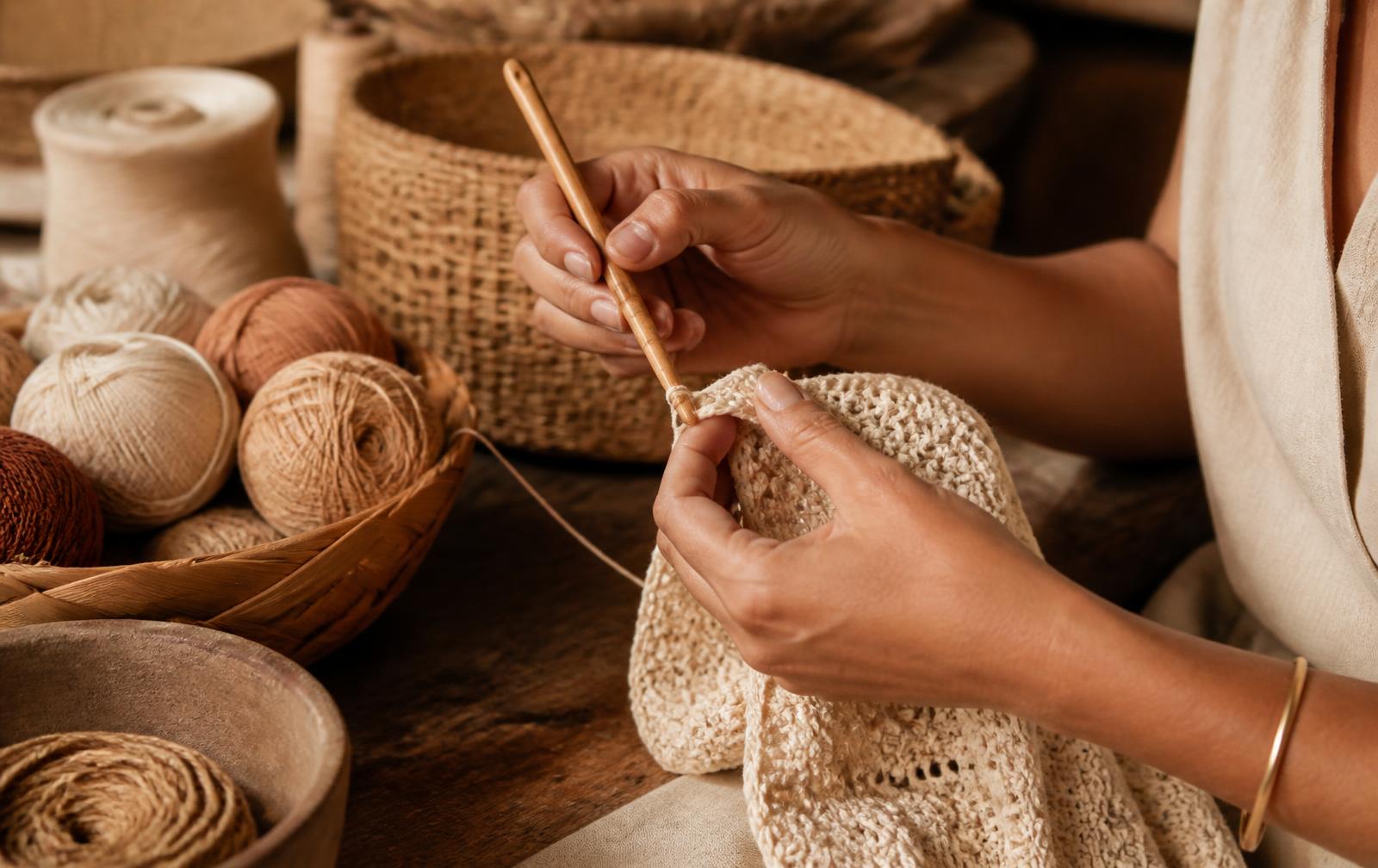 Artisan hands crocheting with a wooden hook and natural cotton yarn