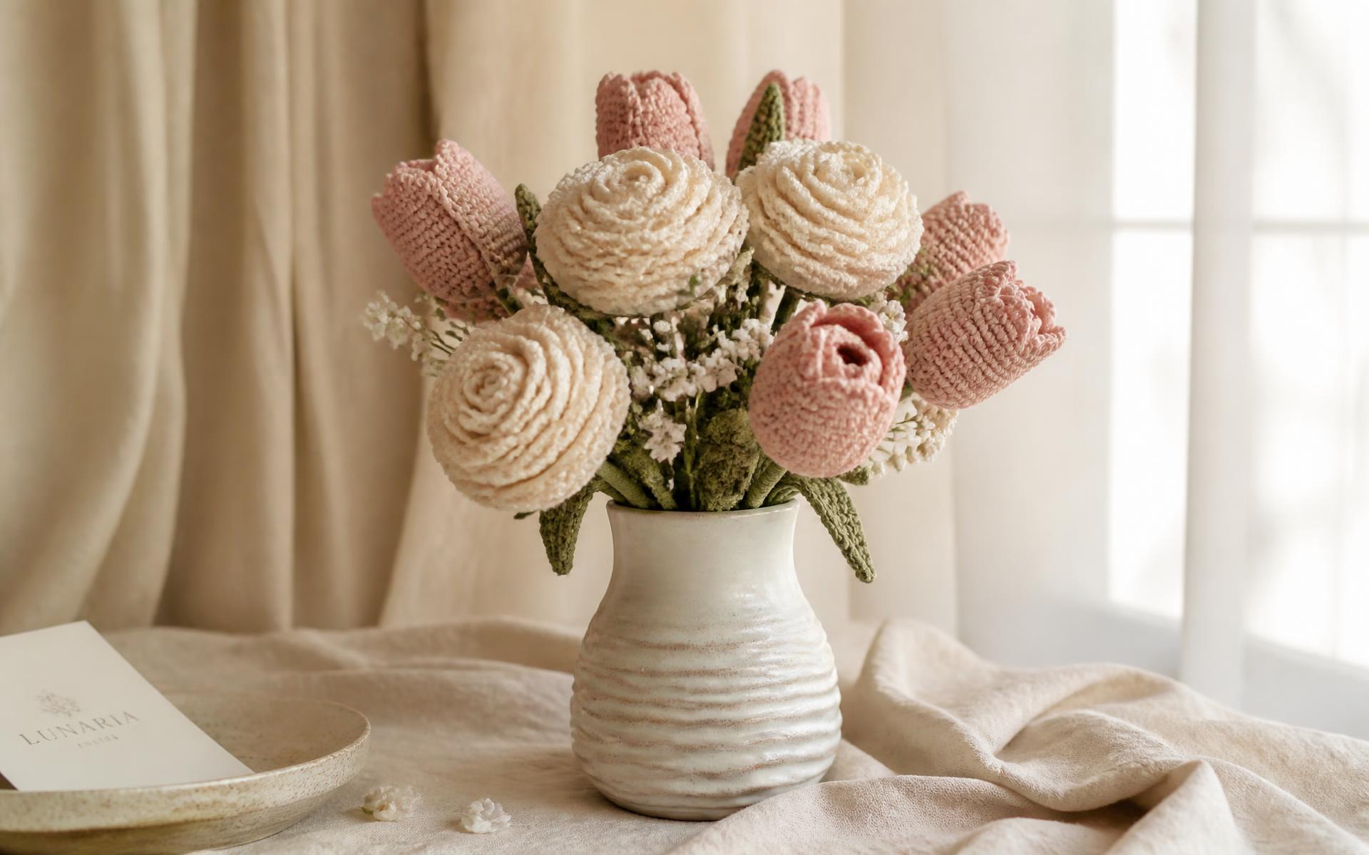 Handcrafted crochet rose and tulip bouquet in a ceramic vase